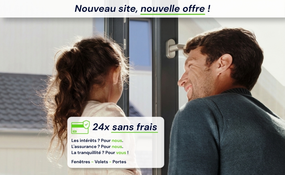 Offre promotionnelle pour l'installation de fenêtres, volets et portes avec financement en 24x sans frais.