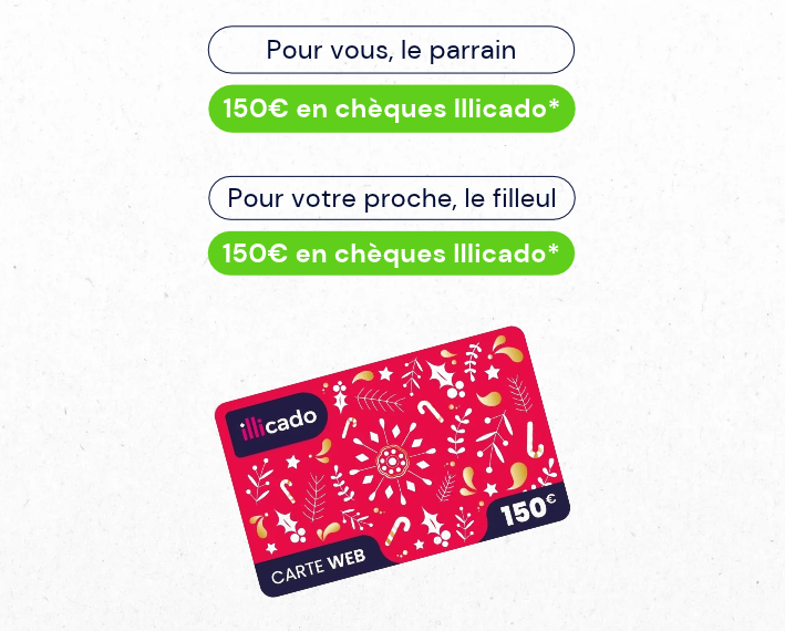 Programme de parrainage Réno Sur Mesure : 150 € en chèques Illicado pour le parrain et 150 € en chèques Illicado pour le filleul.