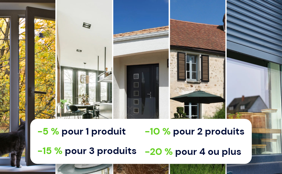 Offre promotionnelle Réno Sur Mesure sur fenêtres, portes d'entrée et volets avec remises jusqu'à -20 % pour l'achat de plusieurs produits.